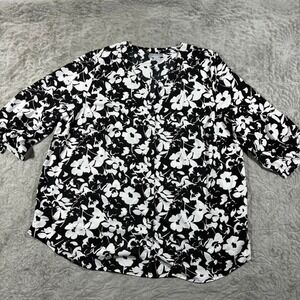Catherine's Floral Button Down Top 1X Black and White Flowy Relaxed Office